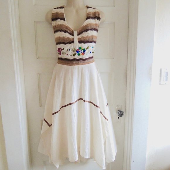 Vintage 70s Cream Embroidered Crochet Smocked Handkerchief Halter Dress OS - Picture 1 of 11